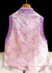 Vintage Pink Embroidered Patchwork Silk Vest Tops Sleeveless