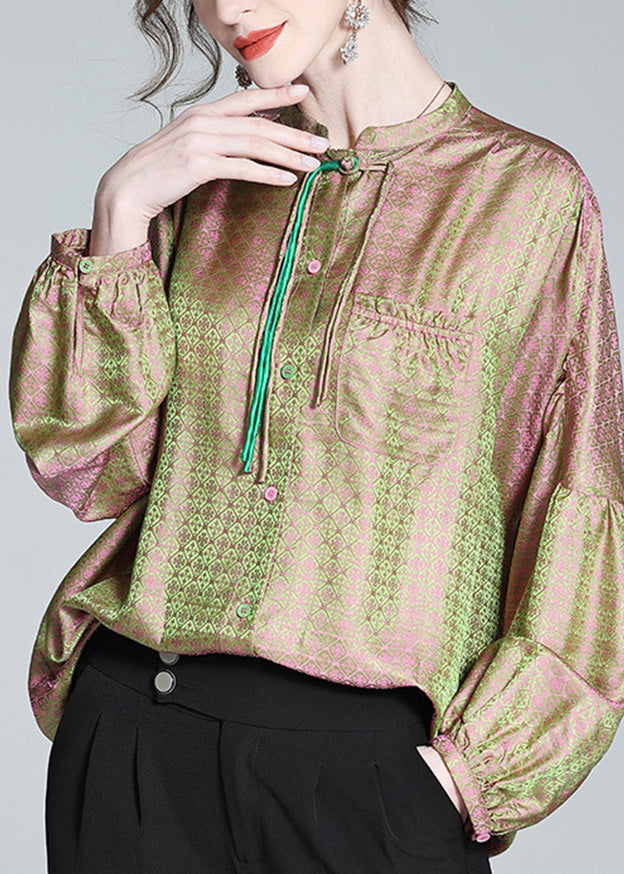 Vintage Pink Green Stand Collar Print Button Slik Shirts Lantern Sleeve