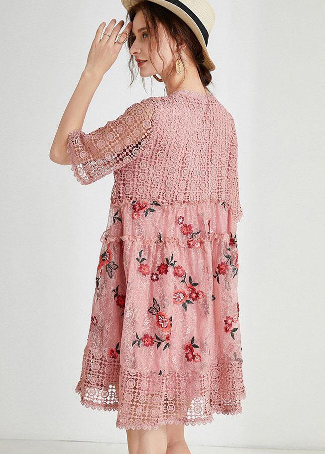 Vintage Pink Hollow Out Embroideried Summer Mid Dress Half Sleeve - SooLinen