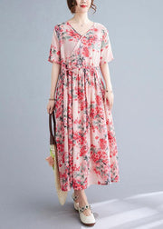 Vintage Pink Loose V Necktie Waist Summer Short Sleeve Dresses - SooLinen