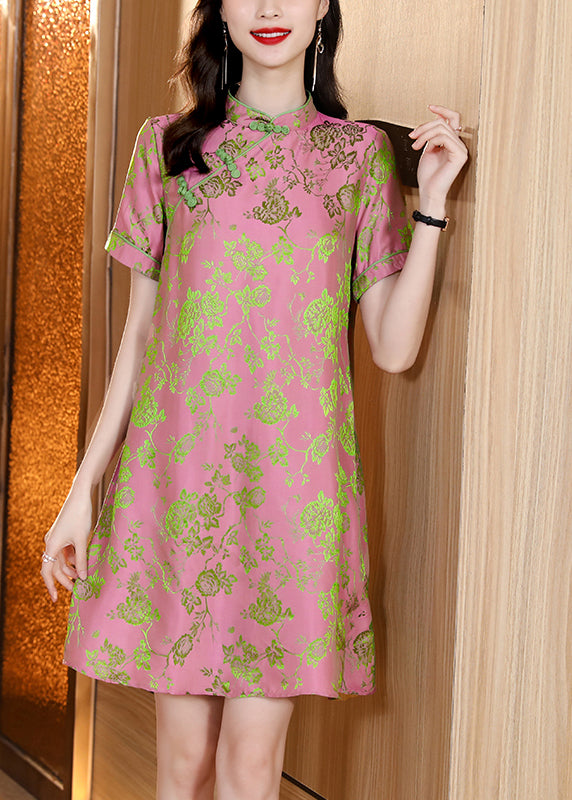 Vintage Pink Mandarin Collar Jacquard Silk cheongsam Dresses Short Sleeve
