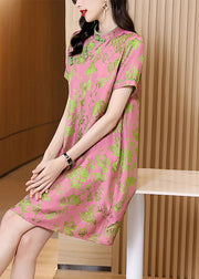 Vintage Pink Mandarin Collar Jacquard Silk cheongsam Dresses Short Sleeve