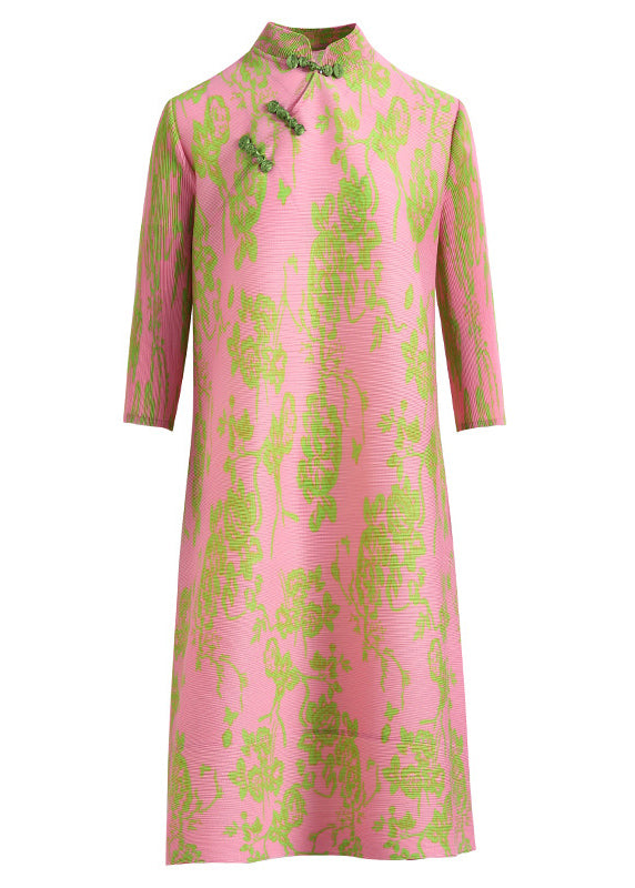 Vintage Pink Mandarin Collar Wrinkled Silk Oriental Dresses Half Sleeve