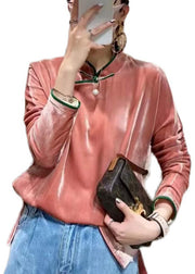 Vintage Pink Mandarin Collar side open button Patchwork Velour Tops long sleeve