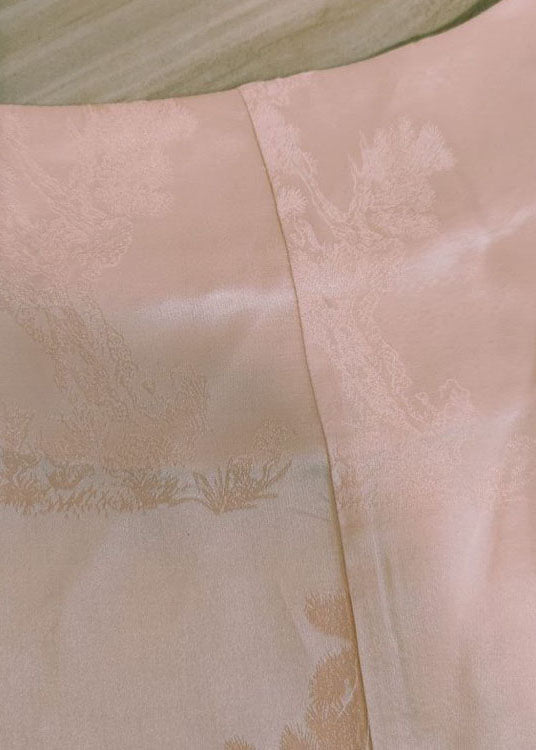 Vintage Pink O-Neck Jacquard Button Silk Blouse Tops Half Sleeve