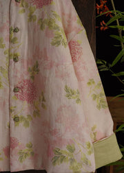 Vintage Pink O Neck Print Fine Cotton Filled Coats Long Sleeve