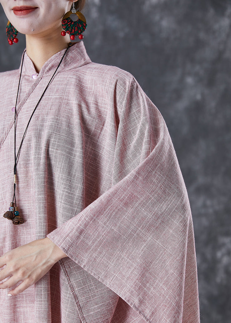 Vintage Pink Oversized Chinese Style Linen Dresses Batwing Sleeve
