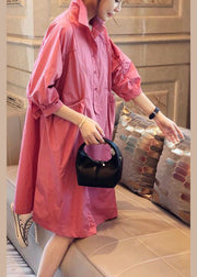 Vintage Pink Pockets Button Fall Half Sleeve Shirt dress