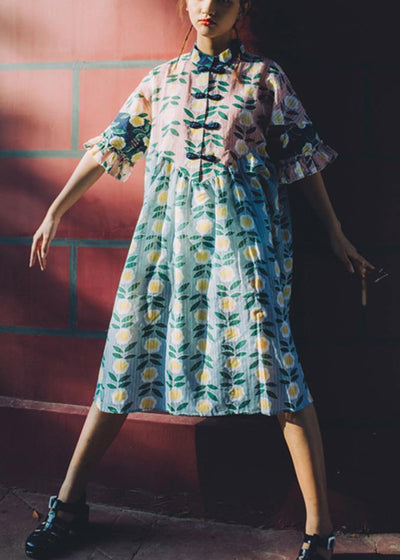 Vintage Pink Print Cute stand collar Summer Dress - SooLinen