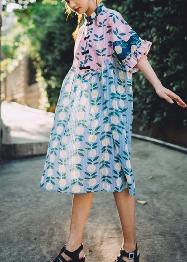 Vintage Pink Print Cute stand collar Summer Dress - SooLinen