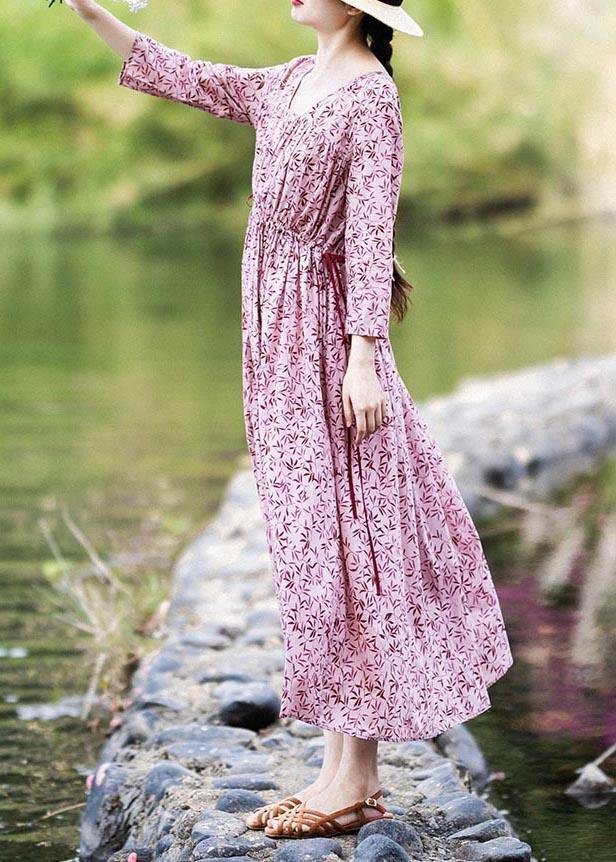 Vintage Pink Purple Print Cinched Cotton Pockets Summer Long Dresses - SooLinen