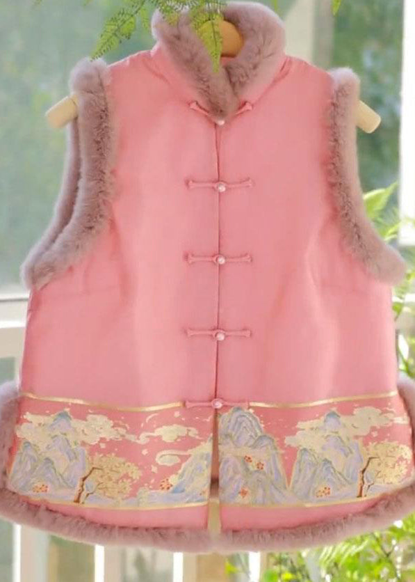 Vintage Pink Stand Collar Button Teddy Patchwork Cotton Filled Vest Sleeveless