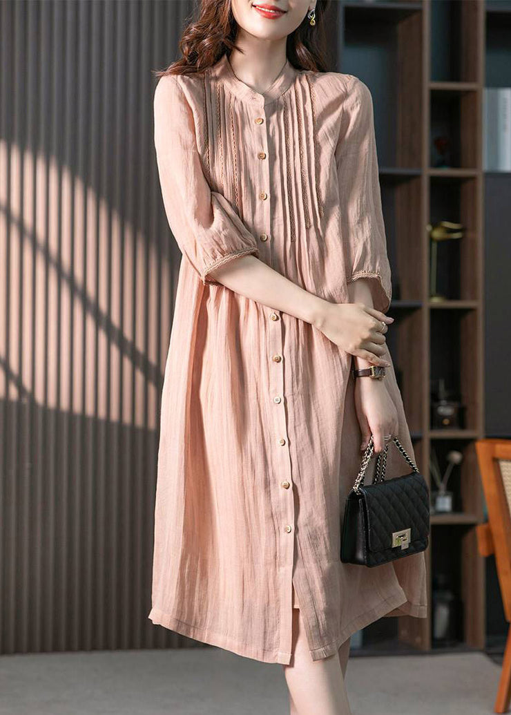 Vintage Pink Stand Collar Button Wrinkled Linen Dress Half Sleeve