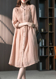 Vintage Pink Stand Collar Button Wrinkled Linen Dress Half Sleeve
