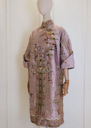 Vintage Pink Stand Collar Embroidered Button Silk Cotton Maxi Dresses Fall