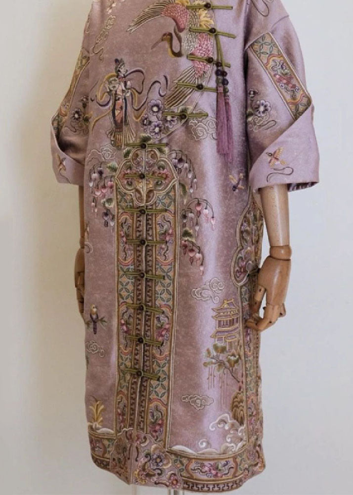 Vintage Pink Stand Collar Embroidered Button Silk Cotton Maxi Dresses Fall
