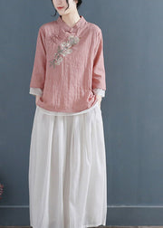 Vintage Pink Stand Collar Embroidered Cotton Fake Two Piece Shirts Three Quarter sleeve