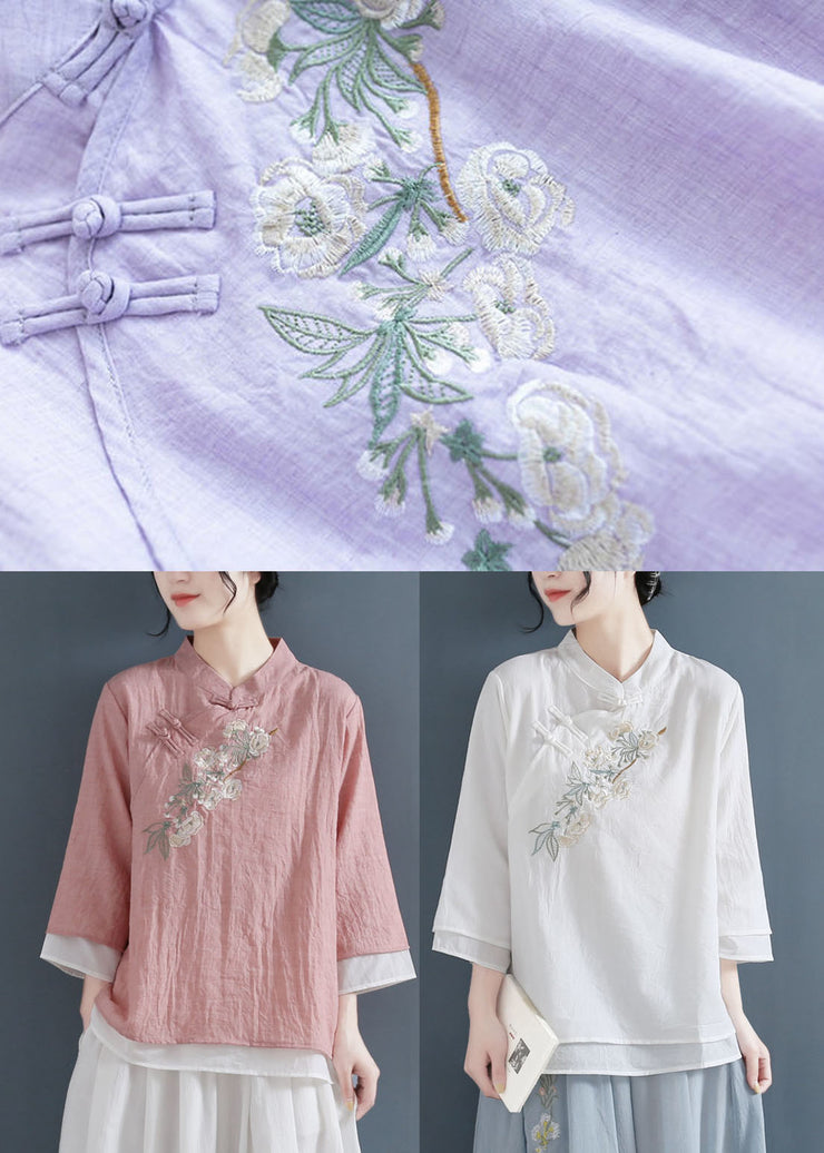 Vintage rosa Stehkragen bestickte Baumwolle gefälschte zweiteilige Hemden Dreiviertel Ärmel