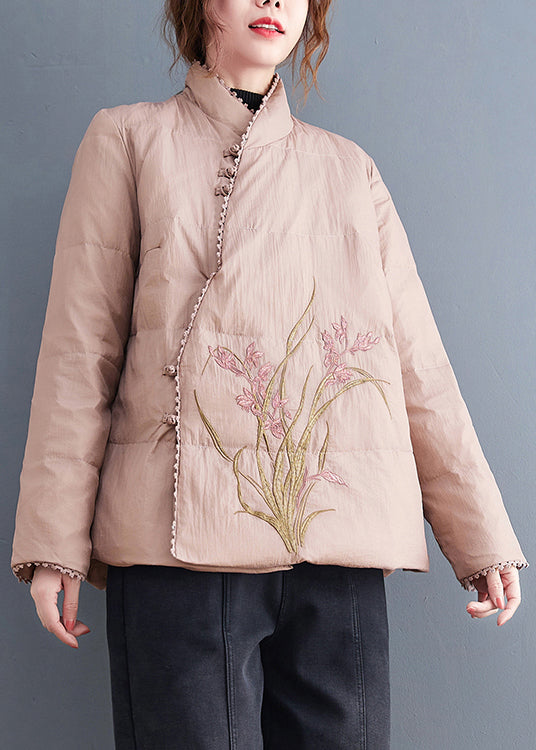 Vintage Pink Stand Collar Embroideried Fine Cotton Filled Jackets Winter