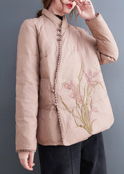 Vintage Pink Stand Collar Embroideried Fine Cotton Filled Jackets Winter