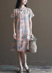 Vintage Pink Stand Collar Print Linen Cheongsam Dress Short Sleeve