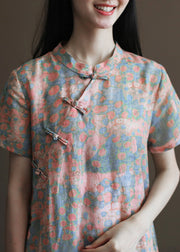 Vintage Pink Stand Collar Print Linen Cheongsam Dress Short Sleeve