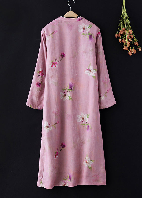 Vintage Pink Stand Collar Print Side Open Warm Fleece Dress Spring