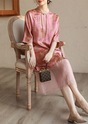 Vintage Pink Stand Collar Tasseled Print Patchwork Silk Long Dress Summer