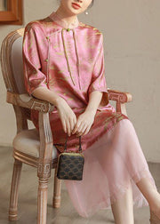 Vintage Pink Stand Collar Tasseled Print Patchwork Silk Long Dress Summer