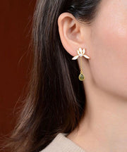 Vintage Pink Sterling Silver Overgild Inlaid Jade Drop Earrings
