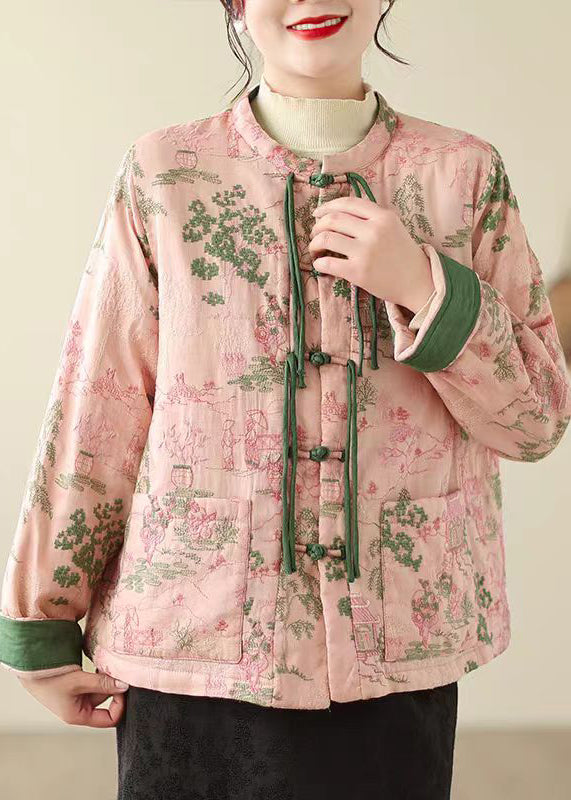 Vintage Pink Tasseled Embroideried Pockets Fine Cotton Filled Jacket Winter
