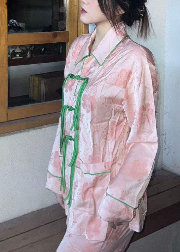 Vintage Pink Tasseled Oriental Button Ice Silk Pajamas Outfit Spring