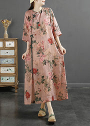 Vintage Pink Tasseled Print Patchwork Linen Dresses Summer