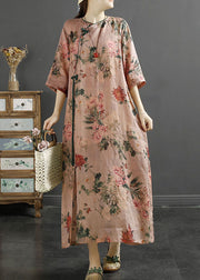 Vintage Pink Tasseled Print Patchwork Linen Dresses Summer