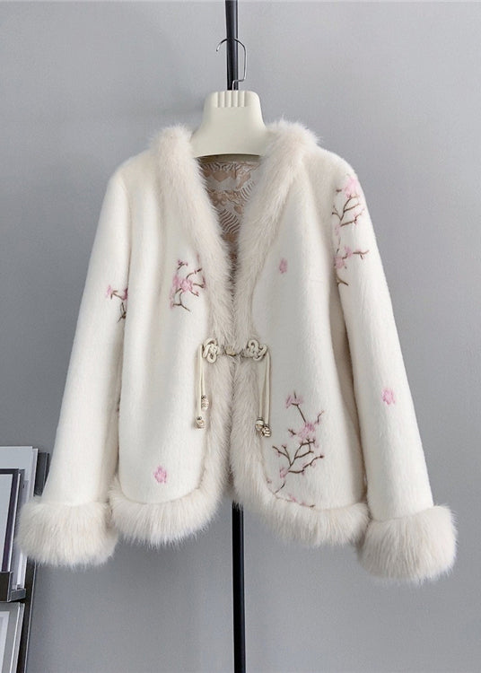 Vintage Pink V Neck Embroidered Fox Fur Mink Cashmere Coat Winter