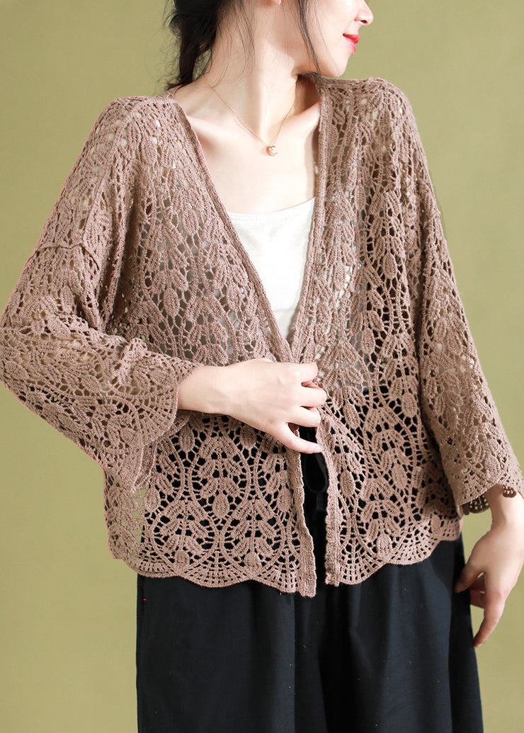 Vintage Chocolate V Neck Hollow Out Knitting Cotton Cardigans Summer