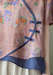 Vintage Pink V Neck Print Button Patchwork Bluse Tops Kurzarm