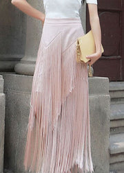 Vintage Pink Zip Up Tassel Patchwork Skirt Spring