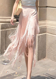 Vintage Pink Zip Up Tassel Patchwork Skirt Spring