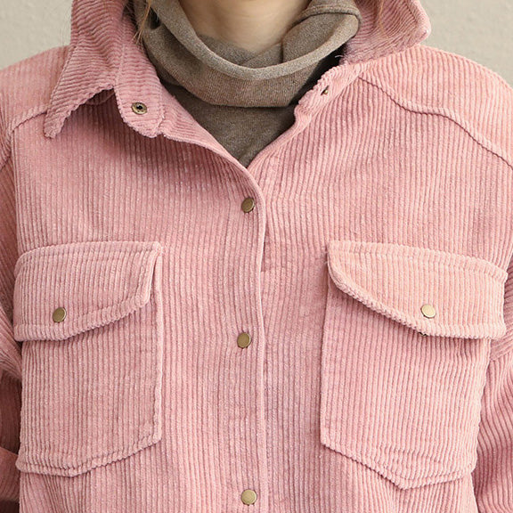Vintage Pink and Gray Fall Loose Corduroy Short Coat For Women