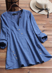 Vintage Plaid Side Button V-neck Long Sleeve Plus Size Shirt Blouse
