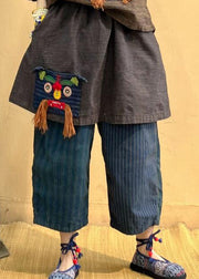 Vintage Pockets Striped Tassel Elastic Waist Linen Crop Pants Fall