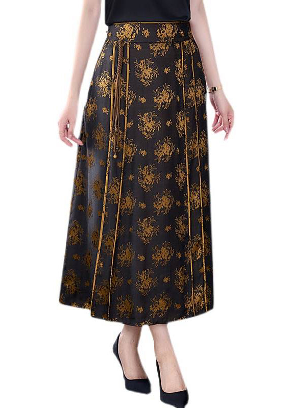 Vintage Print High Waist Tie Waist Pockets Silk A Line Skirt Fall
