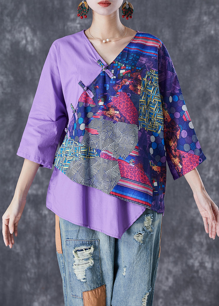 Vintage Purple Asymmetrical Print Linen Shirt Tops Summer