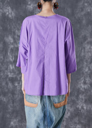 Vintage Purple Asymmetrical Print Linen Shirt Tops Summer