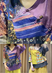 Vintage Purple Chinese Button Print Patchwork Cotton Shirt Tops Summer