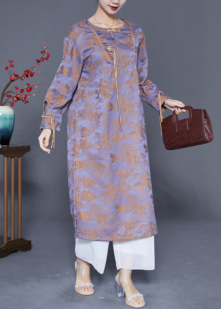 Vintage Purple Chinese Button Tassel Jacquard Silk Long Dresses Spring