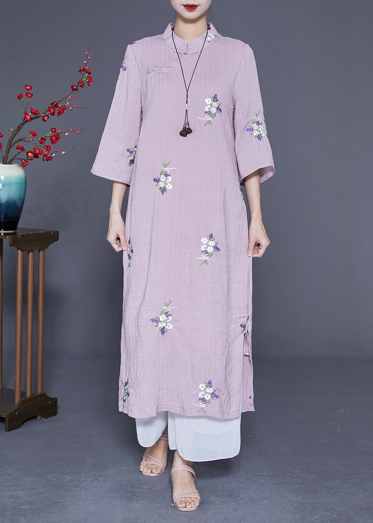 Vintage Purple Embroidered Chinese Button Linen Long Dresses Bracelet Sleeve