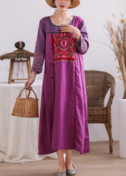 Vintage Purple Embroidered Chinese Button Patchwork Linen Long Dresses Summer