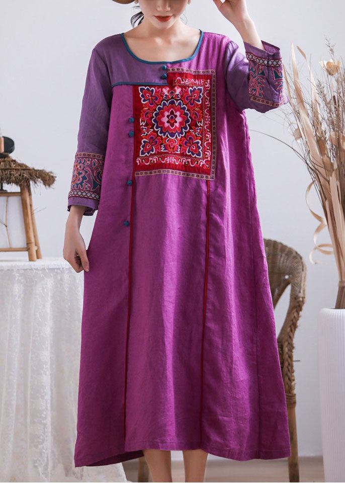 Vintage Purple Embroidered Chinese Button Patchwork Linen Long Dresses Summer
